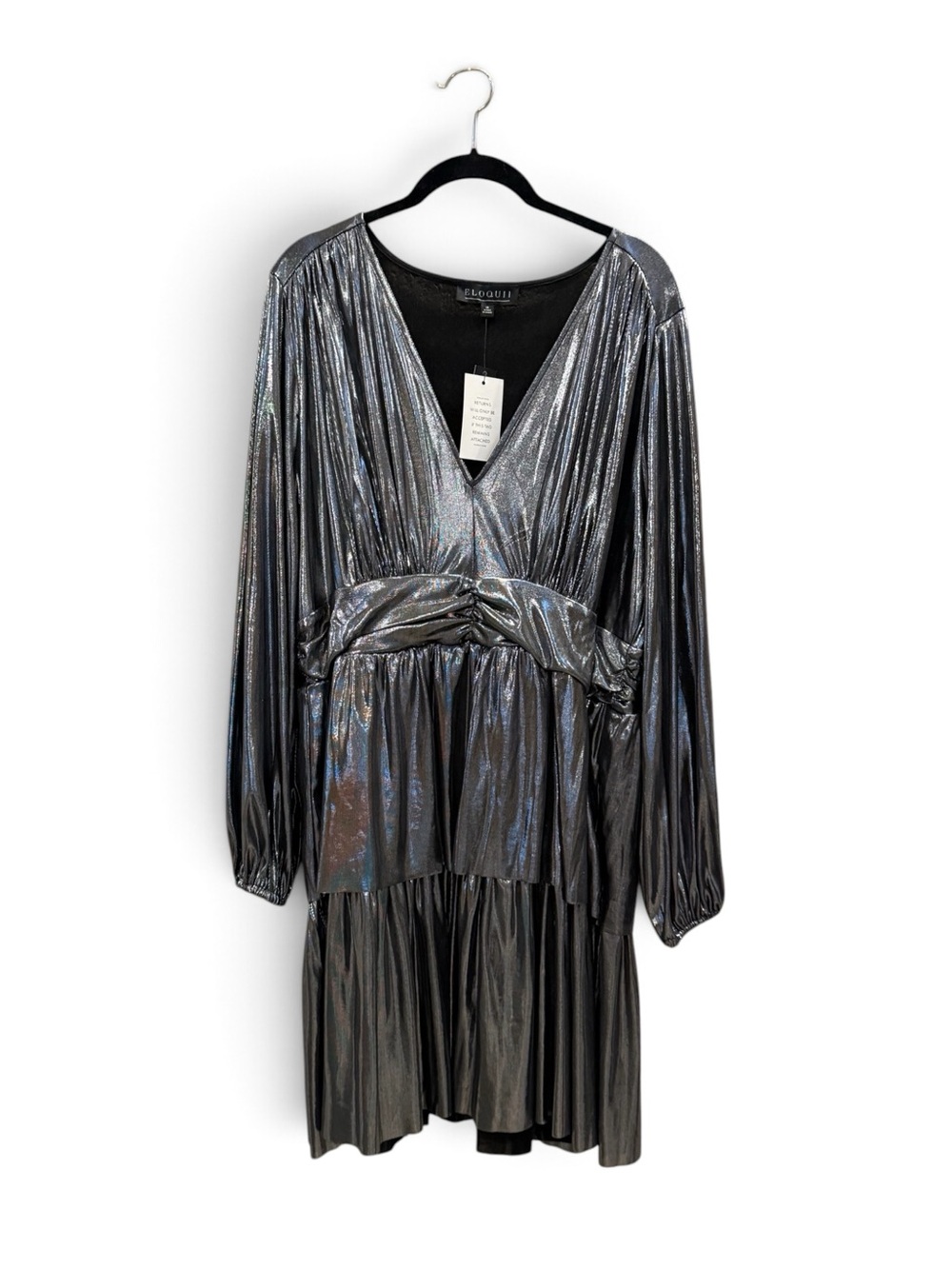 Eloquii- Metallic Silver V-Neck Long Sleeve Dress